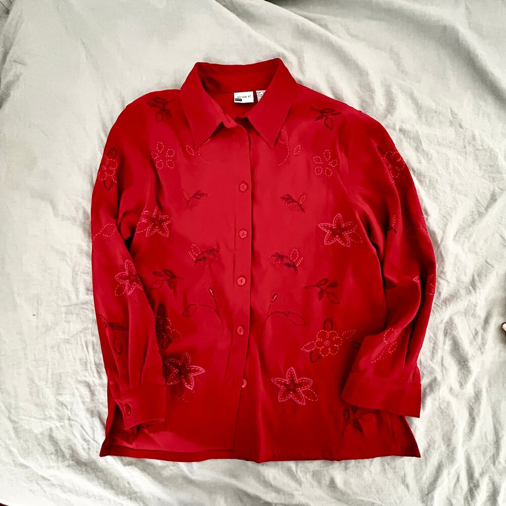 Koret Petite Medium Red Embroidered Button Up